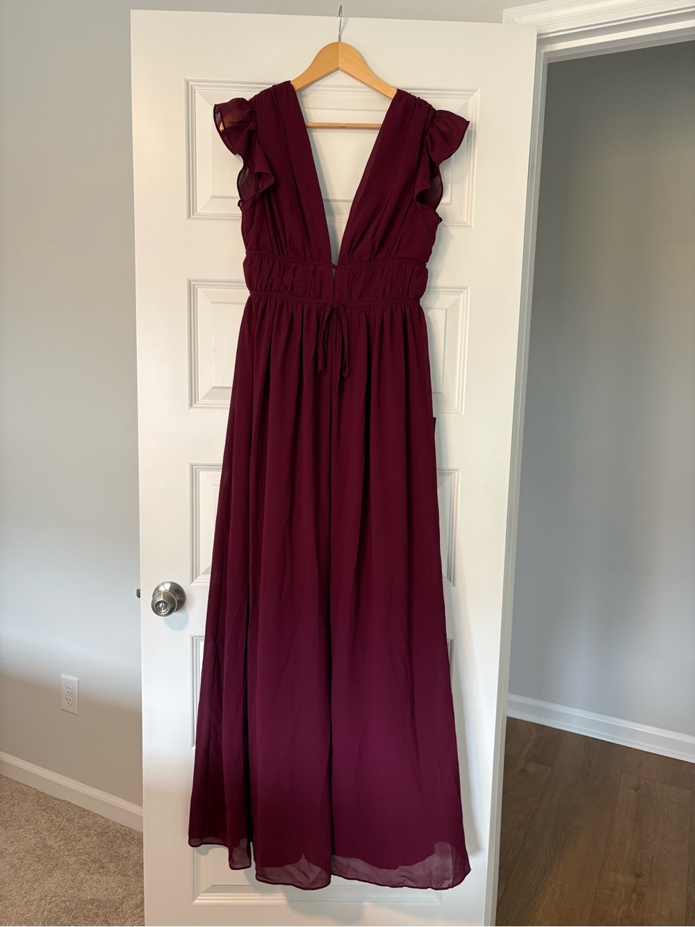 NWT Lulu's Burgundy Ruffle Sleeve Maxi Flowy Bridesmaid Wedding Guest Dress